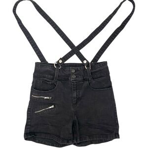 Hot Topic Black Denim Grunge High Rise Suspender Shorts Zipper Detail Stretchy 7